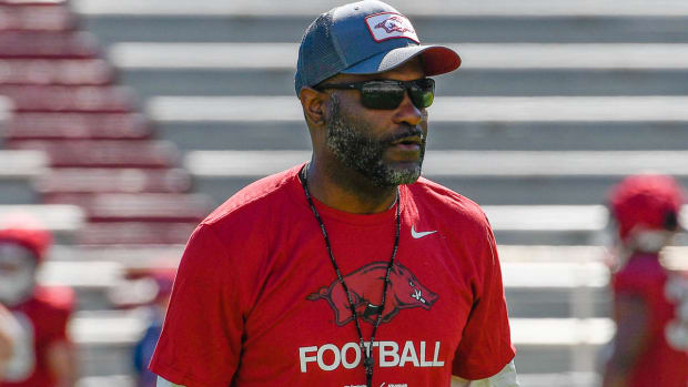 Arkansas Razorbacks co-defensive coordinator Travis Williams at practice Saturday for spring practice No. 11 inside Razorback Stadium in Fayetteville, Ark.